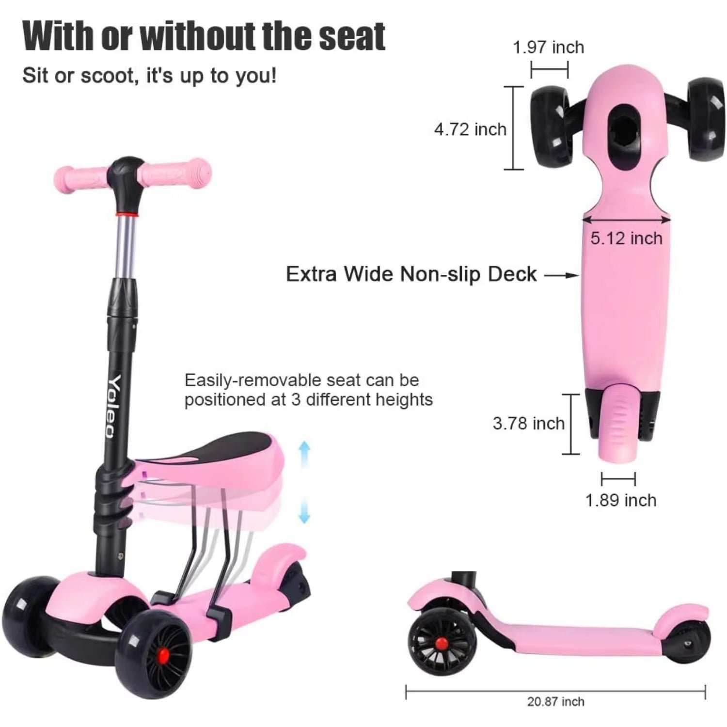 Kids Three Wheel Kick Scooter, LED Flashing Wheels, Height Adjustable, 3-In-1 Lightweight Children'S Scooter for Aged 2-8 ATHLEXES