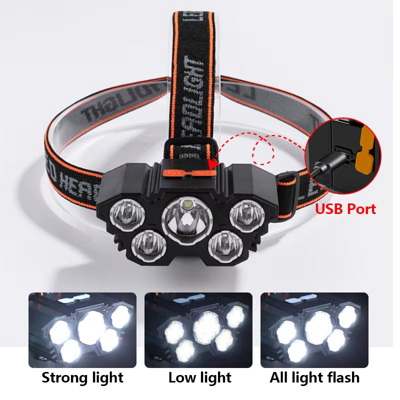 5 LED Flashlight Rechargeable with Built in Battery Strong Light Camping Adventure Fishing Head Light Headlamp ATHLEXES