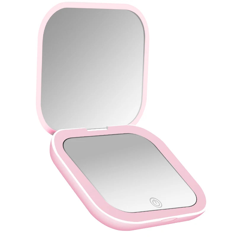 Compact Mini Gift Vanity Folding Cosmetic Mirror with Lights Portable Hand Held Small Pocket Travel Makeup Mirror 2X Magnifying ATHLEXES