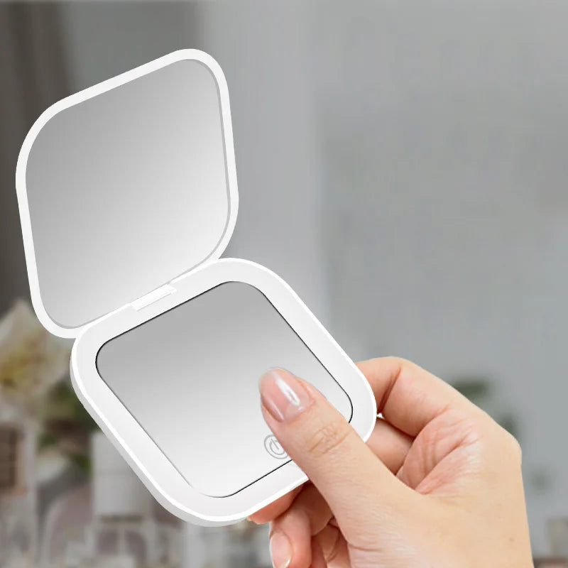 Compact Mini Gift Vanity Folding Cosmetic Mirror with Lights Portable Hand Held Small Pocket Travel Makeup Mirror 2X Magnifying ATHLEXES