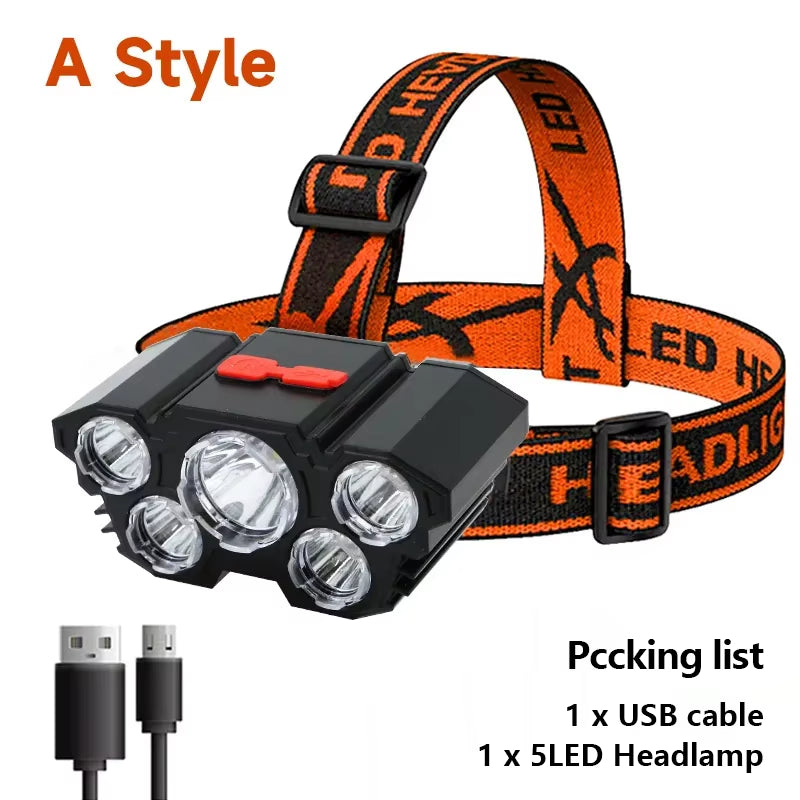 5 LED Flashlight Rechargeable with Built in Battery Strong Light Camping Adventure Fishing Head Light Headlamp ATHLEXES