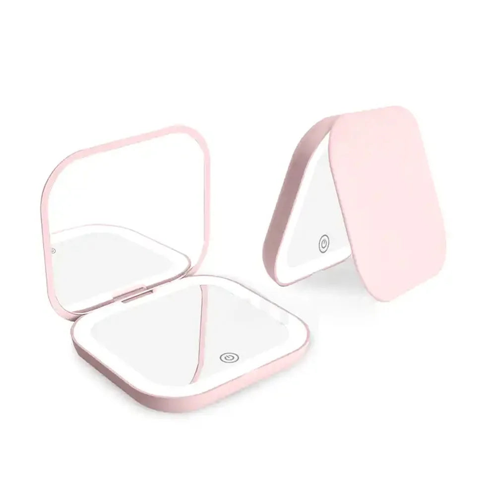 Compact Mini Gift Vanity Folding Cosmetic Mirror with Lights Portable Hand Held Small Pocket Travel Makeup Mirror 2X Magnifying ATHLEXES