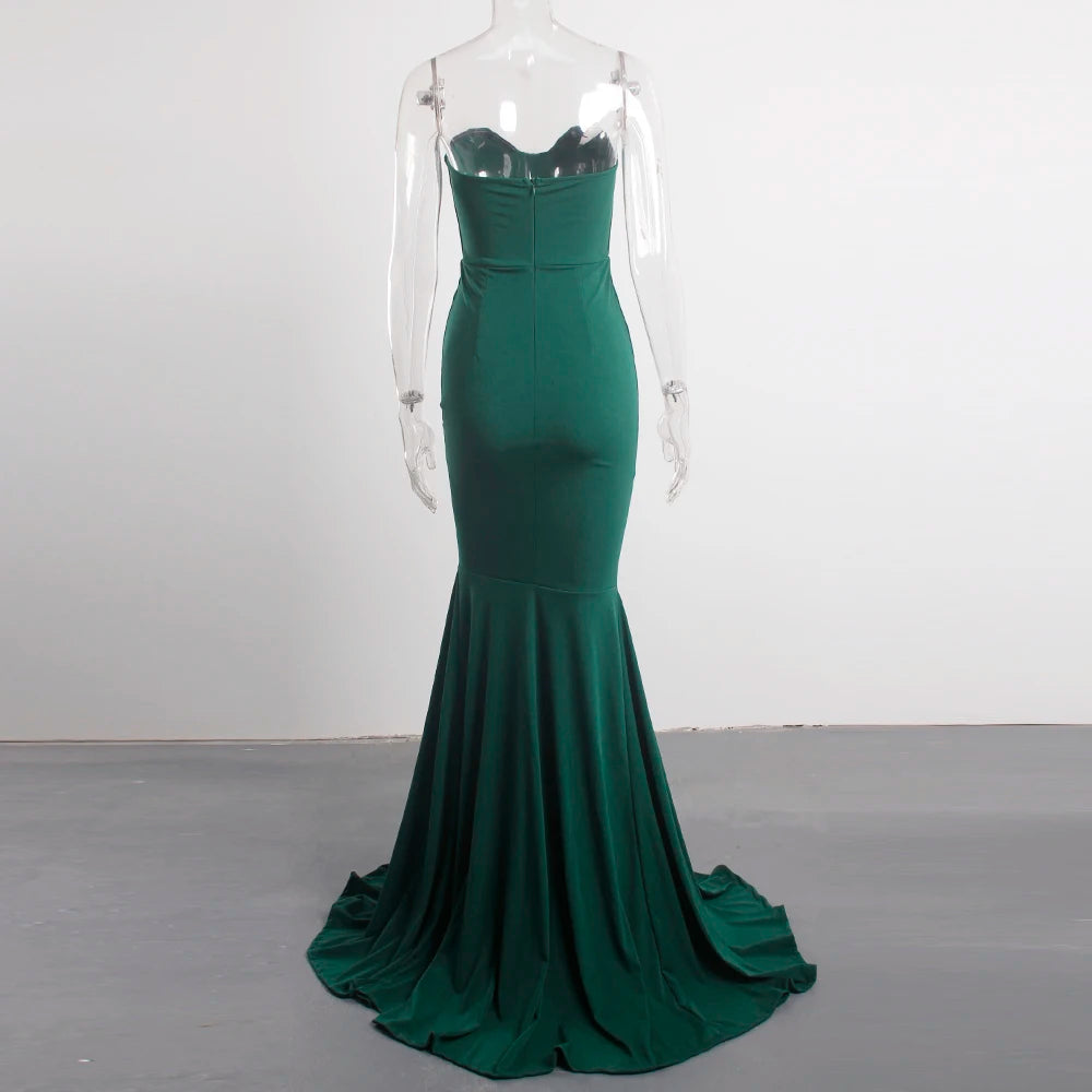 Elegant Strapless Black Maxi Dress with Front Slit ATHLEXES