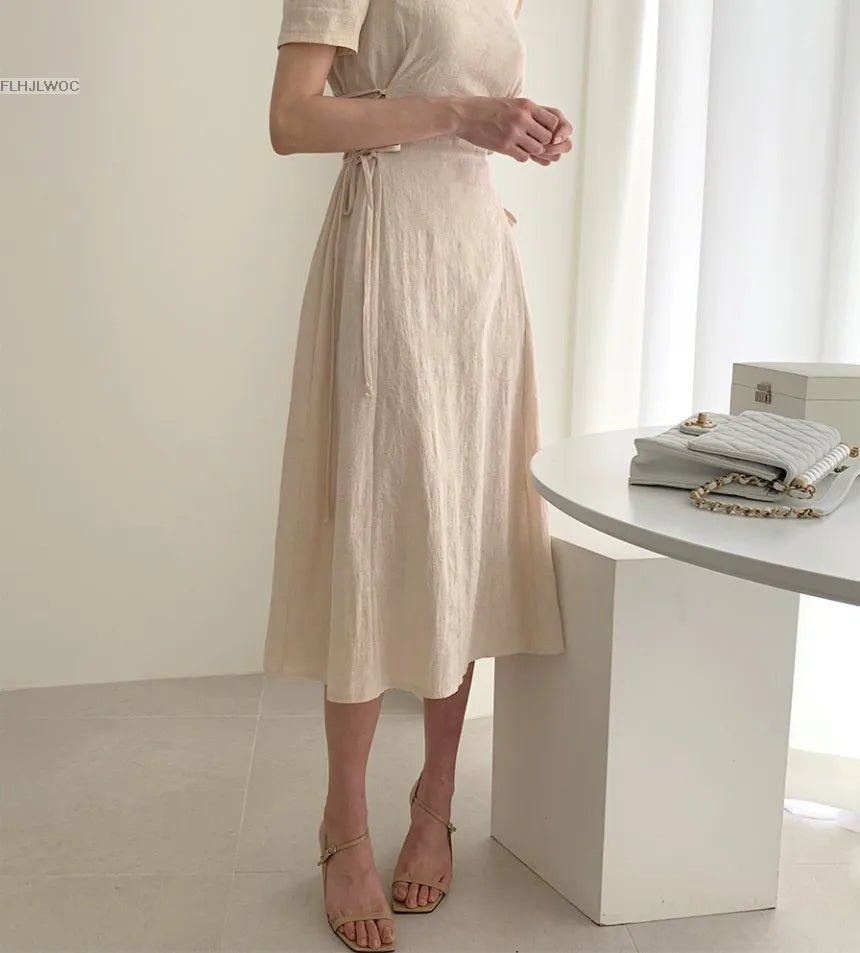 Chic Vintage Cotton Linen A-Line Dress ATHLEXES