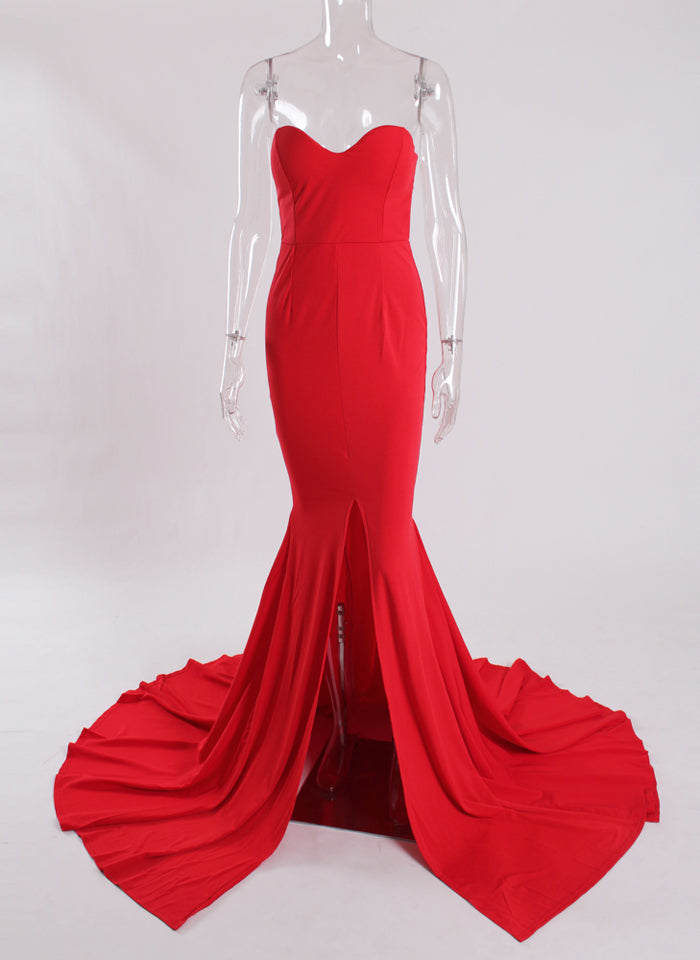 Elegant Strapless Black Maxi Dress with Front Slit ATHLEXES
