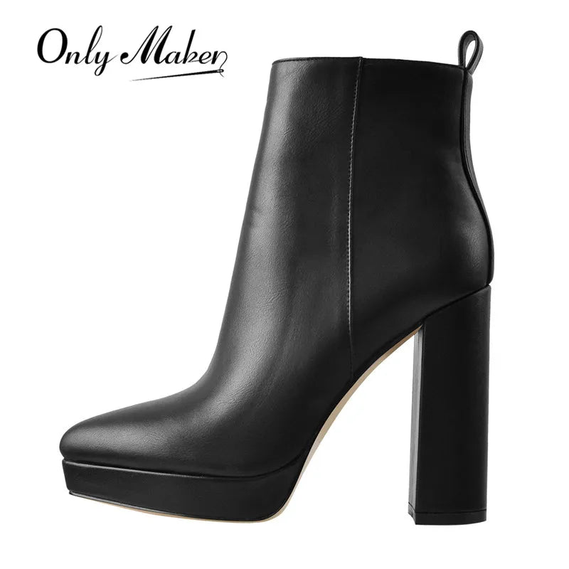 Onlymaker Women Ankle Boots Pointed Toe Black Matte Flock 12CM Chunky Heel Platform Booties Party Shoes Large Size Short Boots ATHLEXES