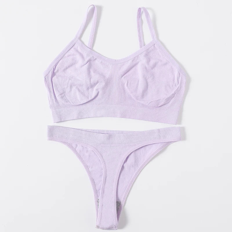 Women Seamless Bra Set High Cut Thong Panties Wire Free Lingerie ATHLEXES