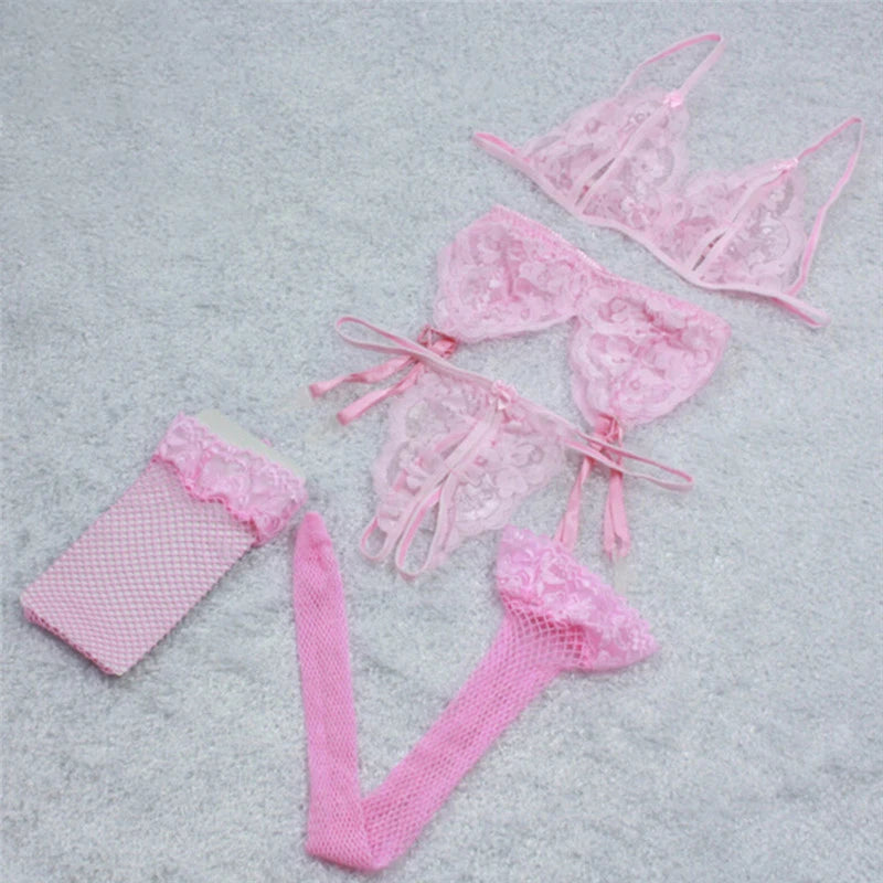 Lace Women Lingerie Set 4 Pcs Sling Open Bra Garter Panties ATHLEXES