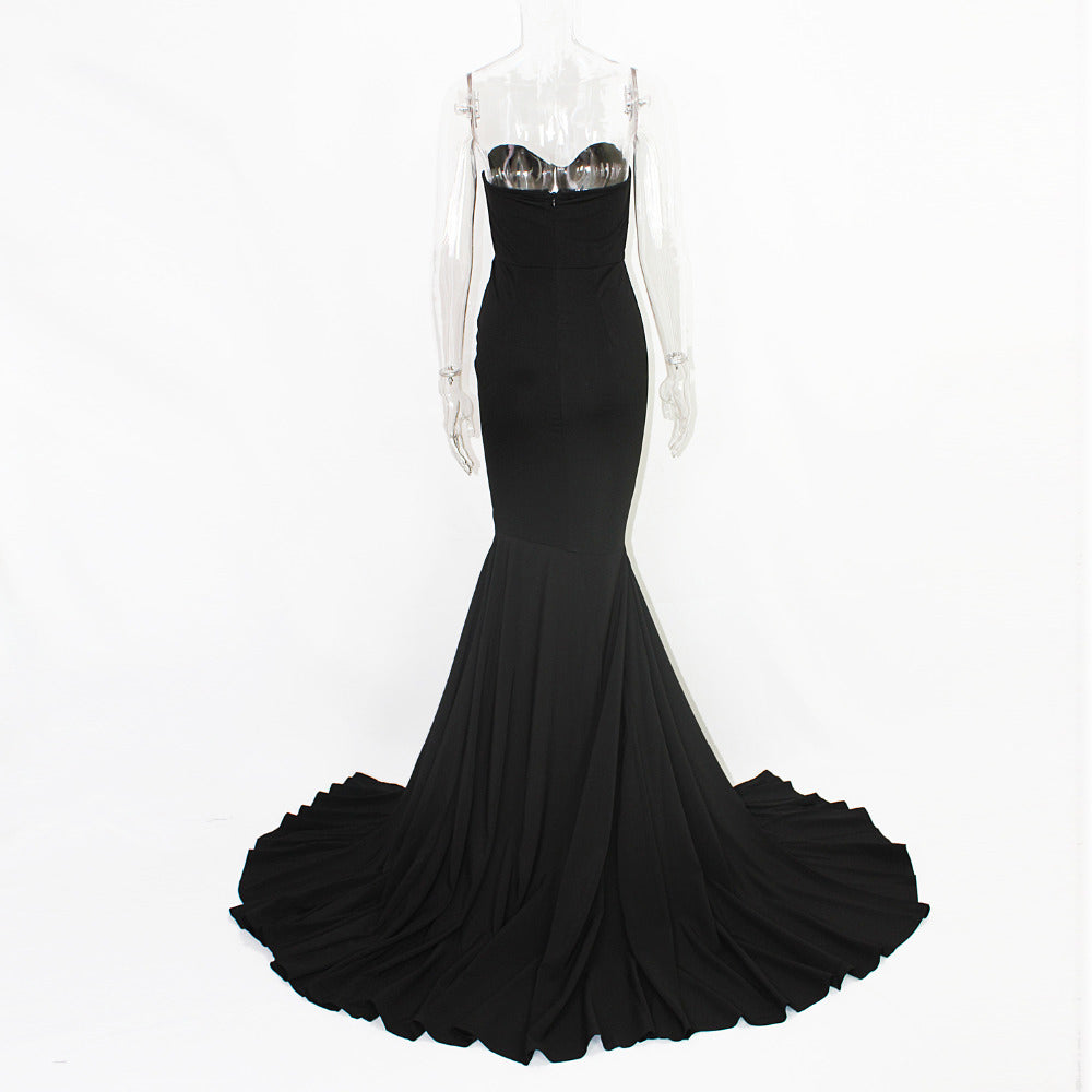Elegant Strapless Black Maxi Dress with Front Slit ATHLEXES