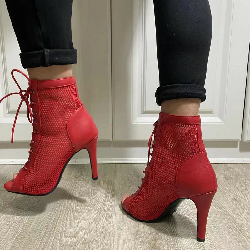 New Sexy High Heels Hollow Mesh Sandals Summer Fashion Trend Comfort Peep Toe Boots Stilettos Jazz Dance Female Shoes Plus Size ATHLEXES