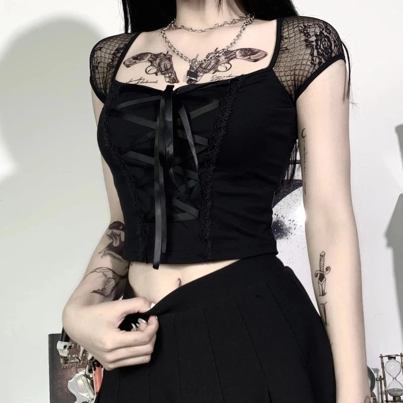 Gothic Lace Bodycon Top for Women Streetwear Chic ATHLEXES