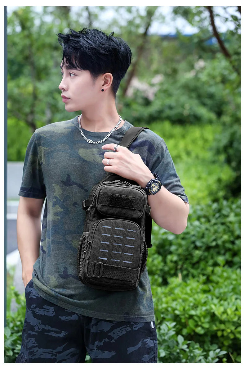 Tactical Sling Shoulder Bags Waterproof Night Reflective Strip Pack EDC Molle Chest Bag 10L Capacity Black ATHLEXES