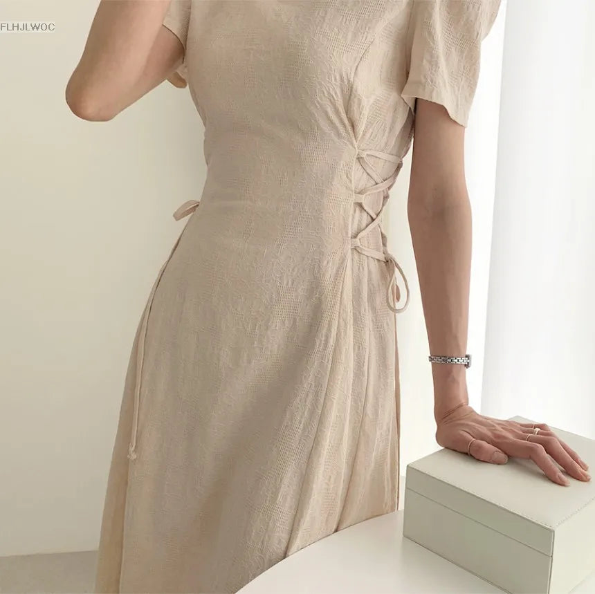 Chic Vintage Cotton Linen A-Line Dress ATHLEXES