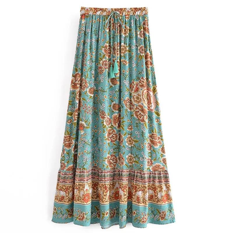 Bohemian Floral Ruffle Hem Midi Skirt ATHLEXES