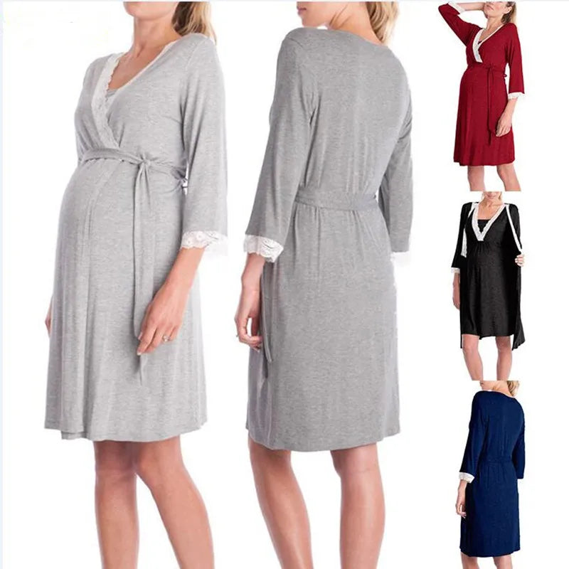 LuxeMaternity Lace Nightgown with Adjustable Belt ATHLEXES
