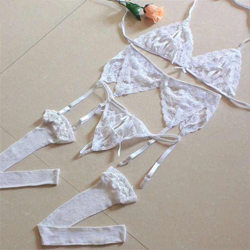 Lace Women Lingerie Set 4 Pcs Sling Open Bra Garter Panties ATHLEXES
