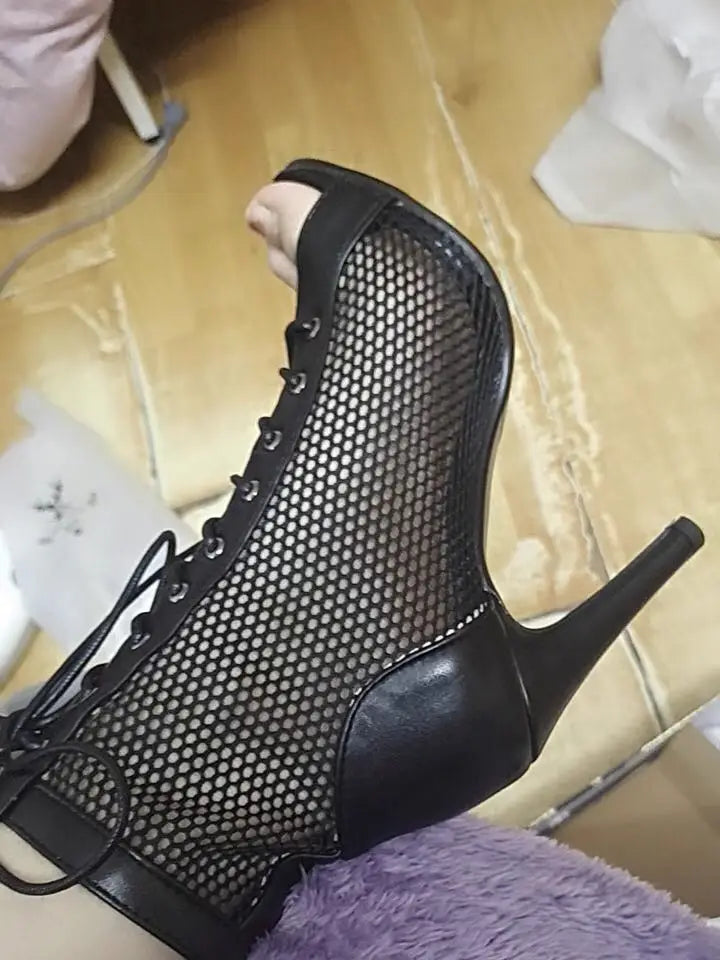 New Sexy High Heels Hollow Mesh Sandals Summer Fashion Trend Comfort Peep Toe Boots Stilettos Jazz Dance Female Shoes Plus Size ATHLEXES