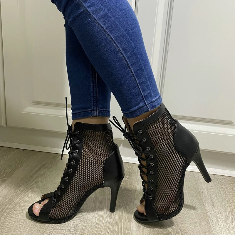 Hollow Mesh Peep Toe Stilettos: Summer High Heel Fashion ATHLEXES