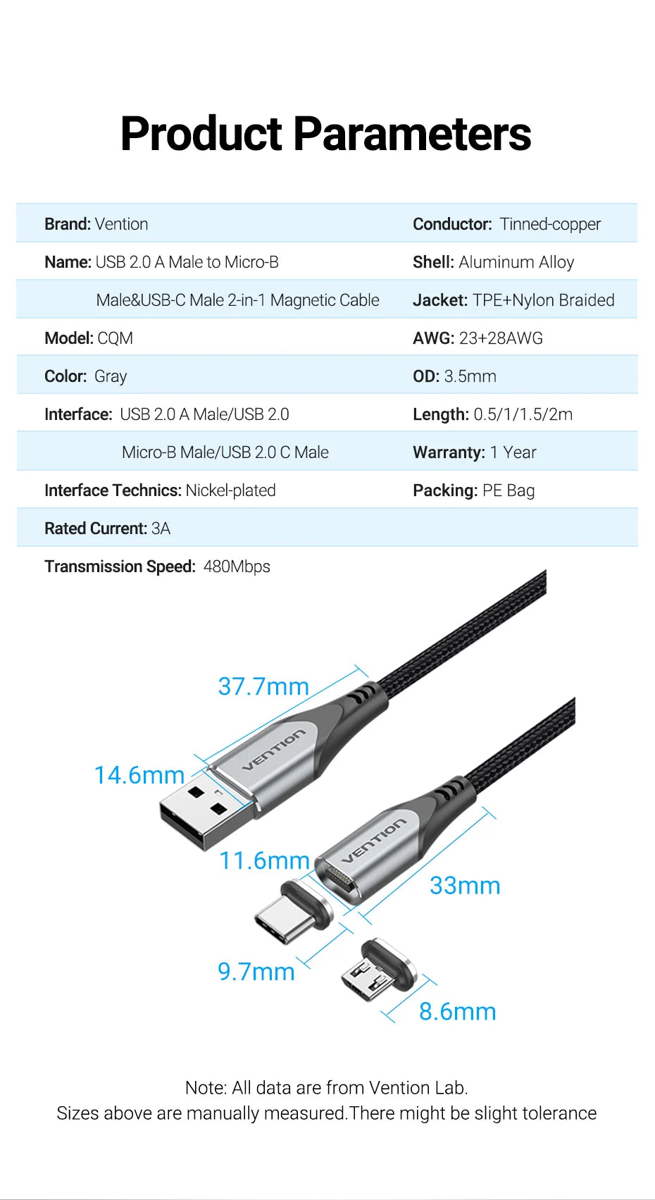 Vention 3A Magnetic USB Charge Cable for All Devices ATHLEXES