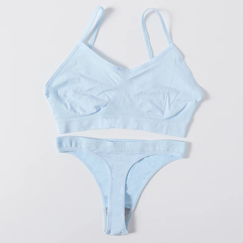 Women Seamless Bra Set High Cut Thong Panties Wire Free Lingerie ATHLEXES