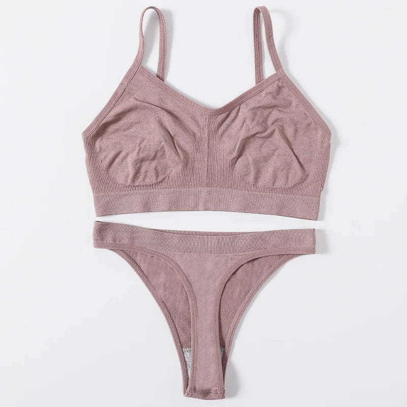 Women Seamless Bra Set High Cut Thong Panties Wire Free Lingerie ATHLEXES