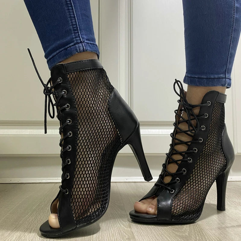 Hollow Mesh Peep Toe Stilettos: Summer High Heel Fashion ATHLEXES