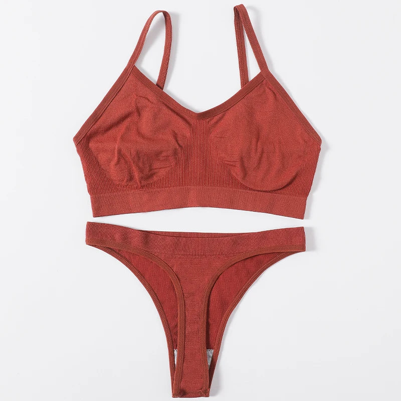 Women Seamless Bra Set High Cut Thong Panties Wire Free Lingerie ATHLEXES