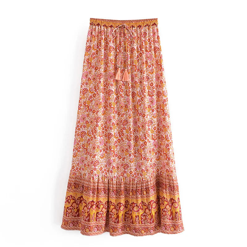 Bohemian Floral Ruffle Hem Midi Skirt ATHLEXES
