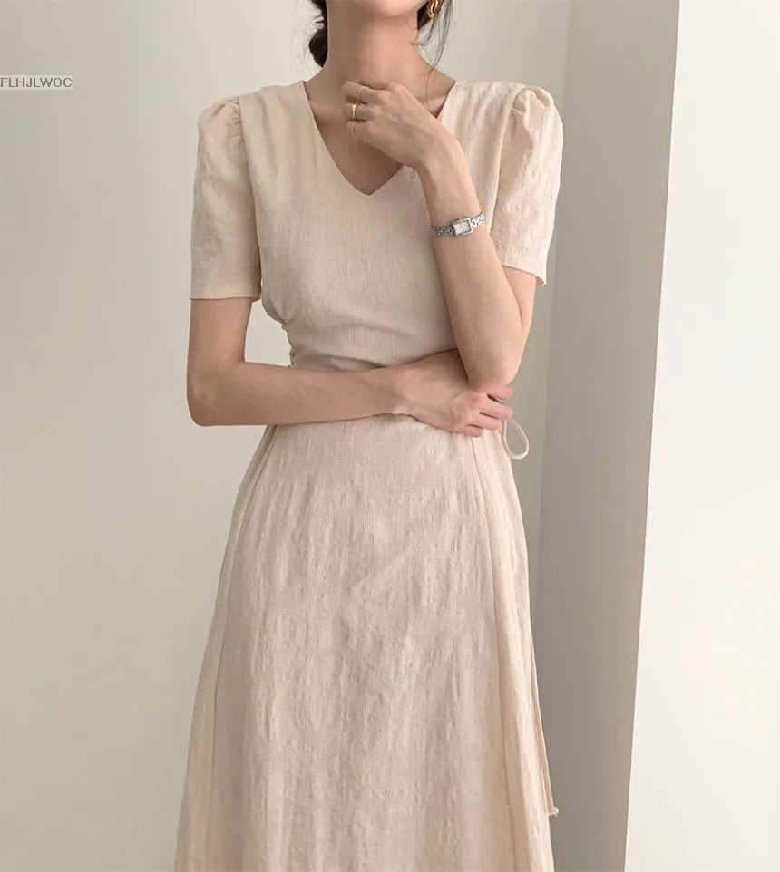Chic Vintage Cotton Linen A-Line Dress ATHLEXES