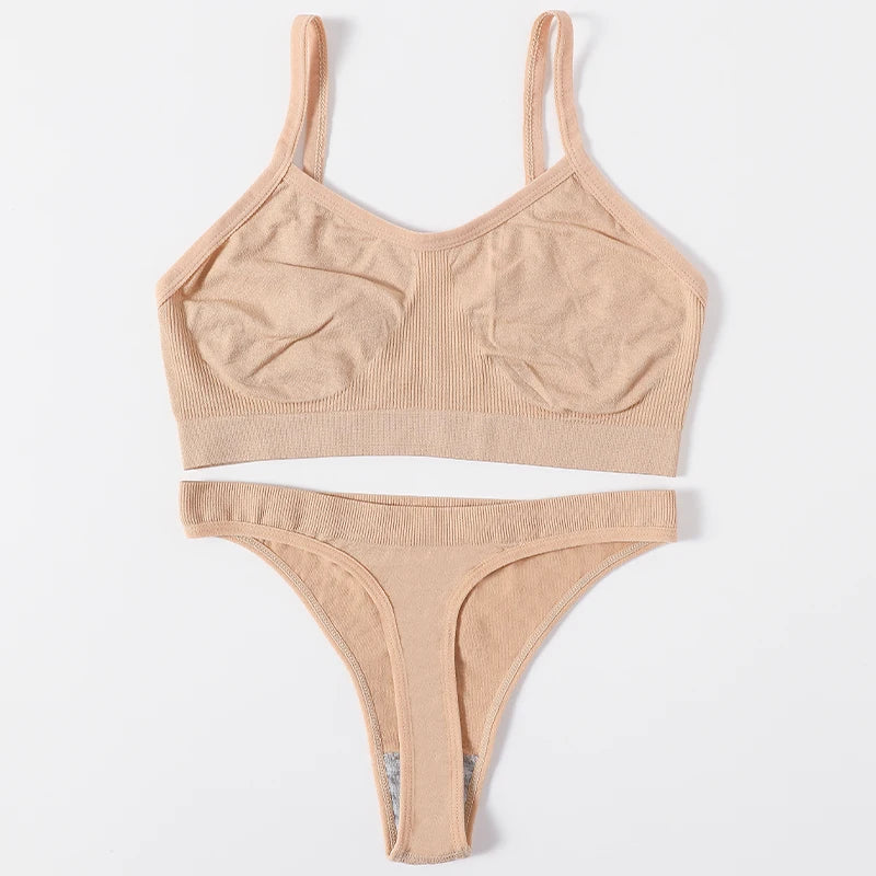 Women Seamless Bra Set High Cut Thong Panties Wire Free Lingerie ATHLEXES