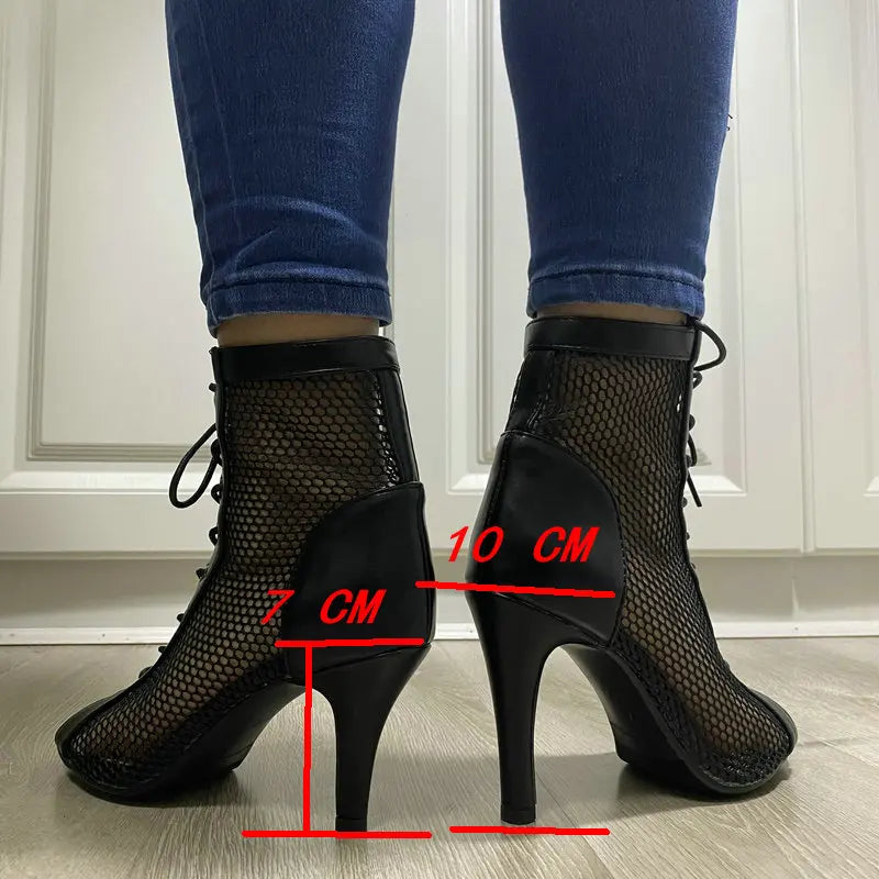 New Sexy High Heels Hollow Mesh Sandals Summer Fashion Trend Comfort Peep Toe Boots Stilettos Jazz Dance Female Shoes Plus Size ATHLEXES