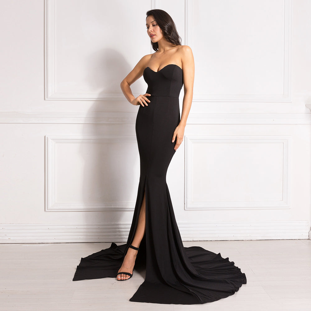Elegant Strapless Black Maxi Dress with Front Slit ATHLEXES