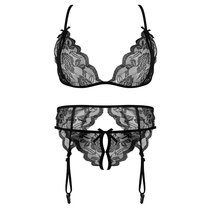 Lace Women Lingerie Set 4 Pcs Sling Open Bra Garter Panties ATHLEXES