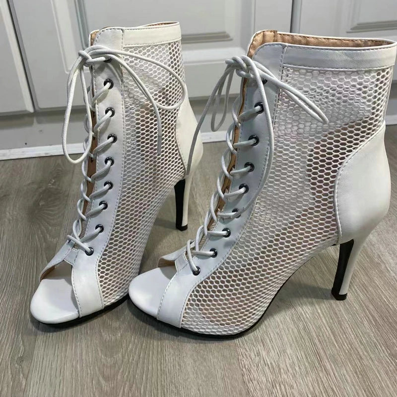 New Sexy High Heels Hollow Mesh Sandals Summer Fashion Trend Comfort Peep Toe Boots Stilettos Jazz Dance Female Shoes Plus Size ATHLEXES