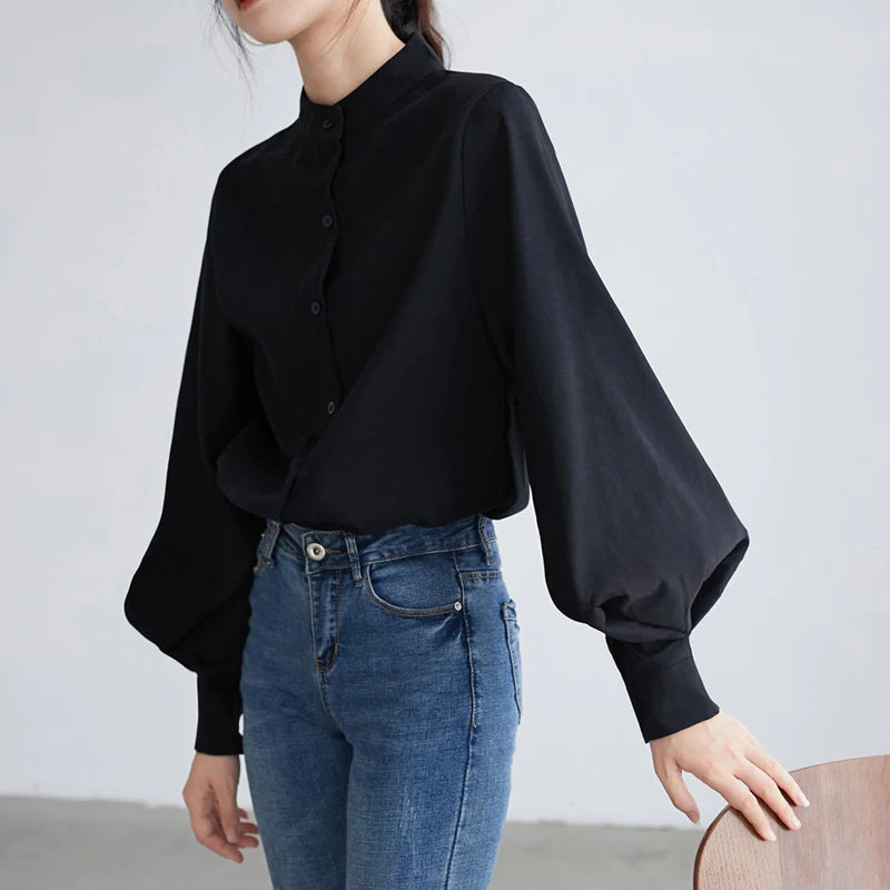 Elegant Lantern Sleeve Blouse for Women - Autumn Winter Office Chic ATHLEXES