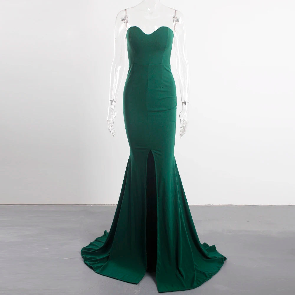 Elegant Strapless Black Maxi Dress with Front Slit ATHLEXES
