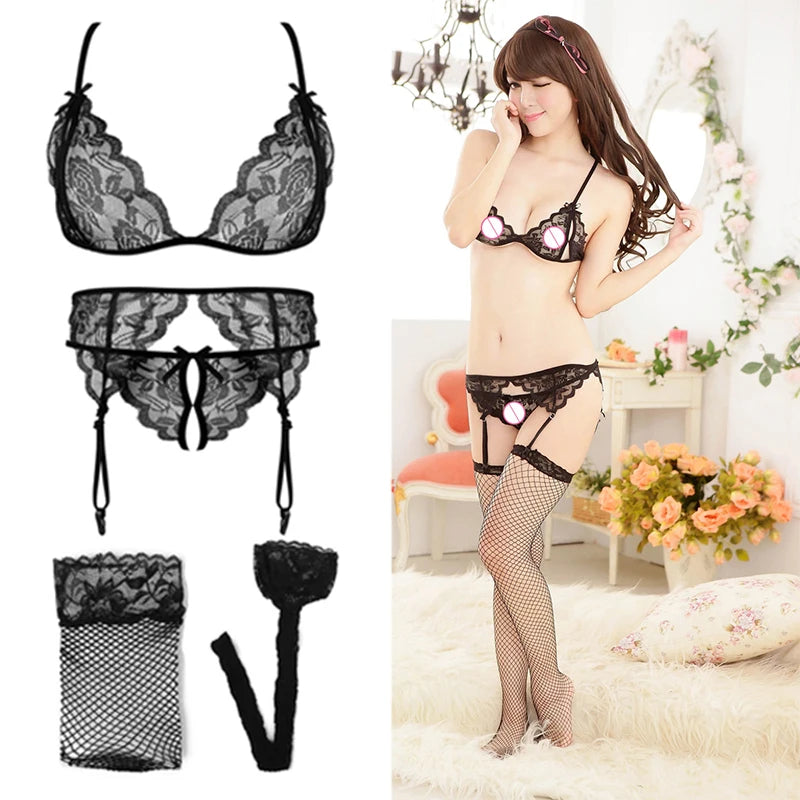 Lace Women Lingerie Set 4 Pcs Sling Open Bra Garter Panties ATHLEXES
