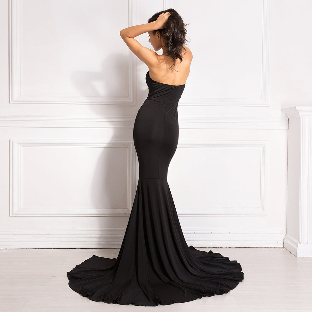Elegant Strapless Black Maxi Dress with Front Slit ATHLEXES