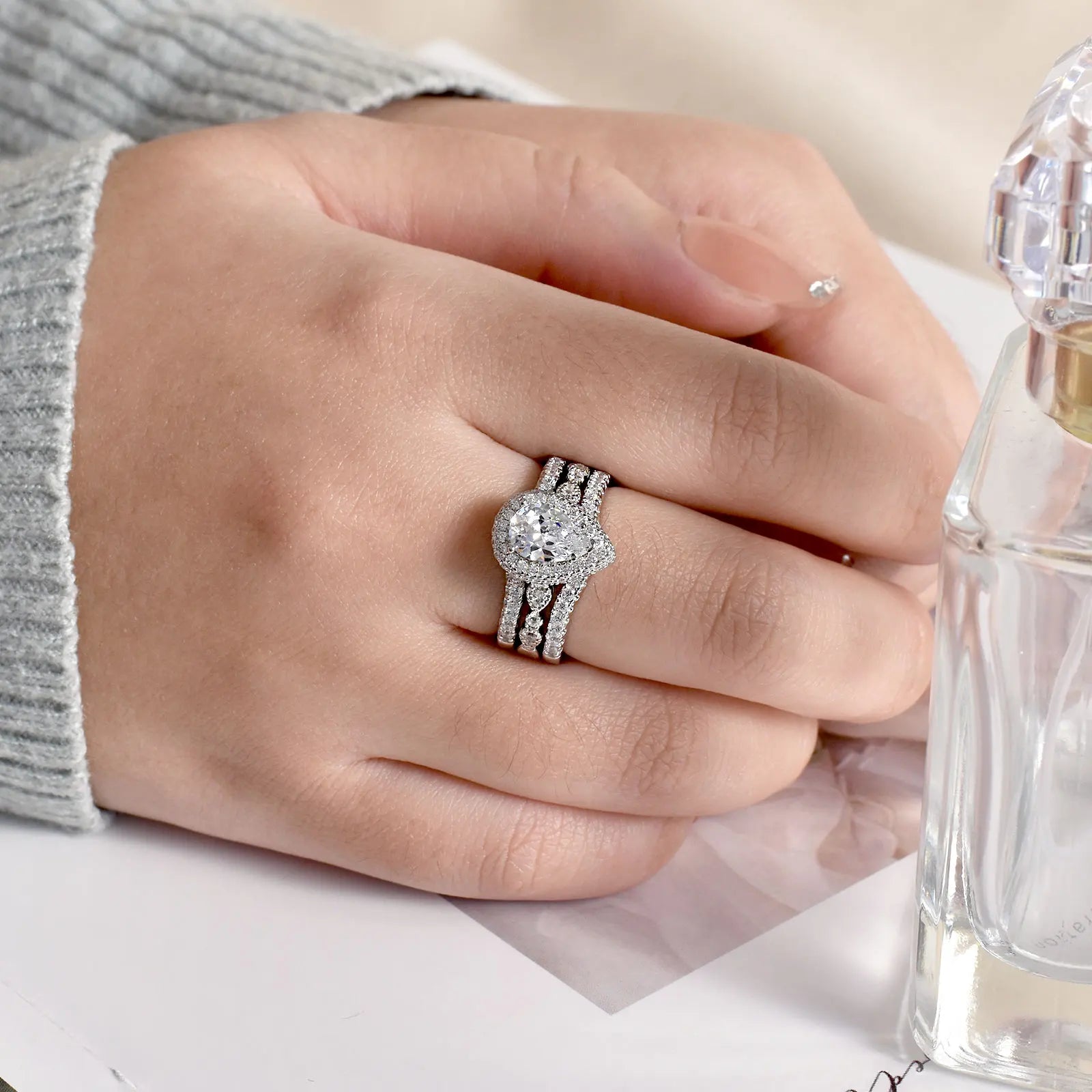 Newshe Sterling Silver Pear Cut Ring Enhancer Set ATHLEXES