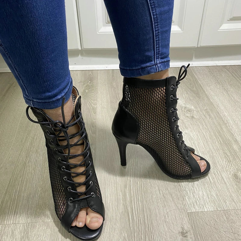 Hollow Mesh Peep Toe Stilettos: Summer High Heel Fashion ATHLEXES