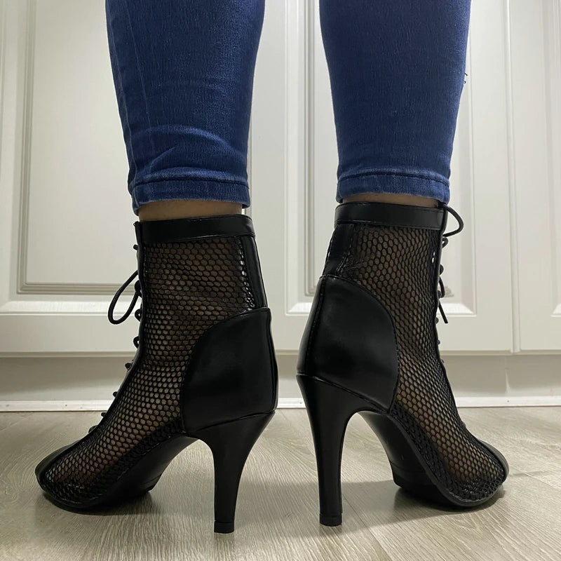 Hollow Mesh Peep Toe Stilettos: Summer High Heel Fashion ATHLEXES