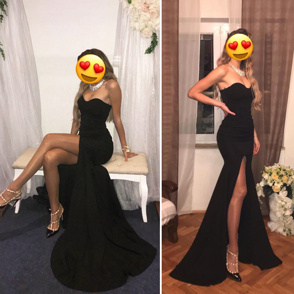Elegant Strapless Black Maxi Dress with Front Slit ATHLEXES