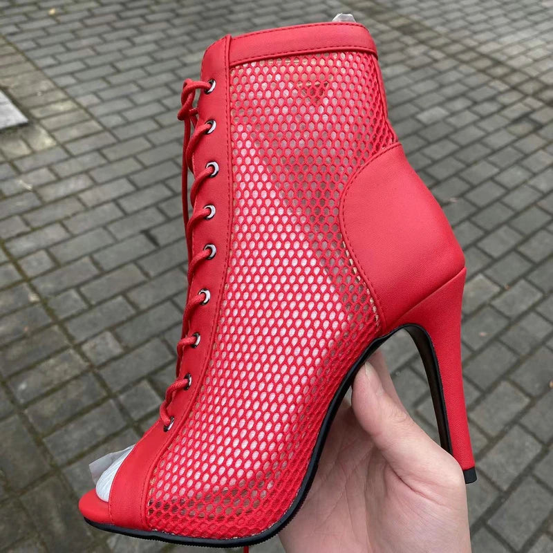 New Sexy High Heels Hollow Mesh Sandals Summer Fashion Trend Comfort Peep Toe Boots Stilettos Jazz Dance Female Shoes Plus Size ATHLEXES