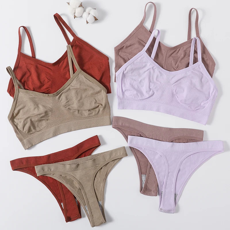 Women Seamless Bra Set High Cut Thong Panties Wire Free Lingerie ATHLEXES