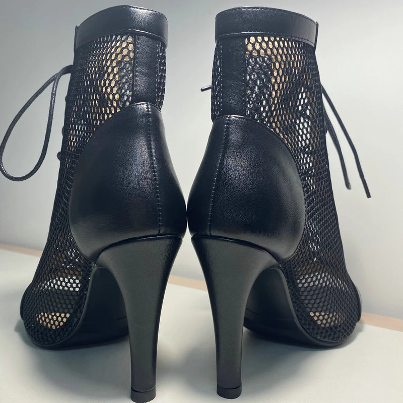 New Sexy High Heels Hollow Mesh Sandals Summer Fashion Trend Comfort Peep Toe Boots Stilettos Jazz Dance Female Shoes Plus Size ATHLEXES