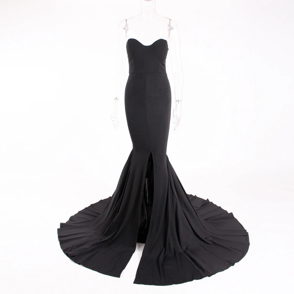 Elegant Strapless Black Maxi Dress with Front Slit ATHLEXES