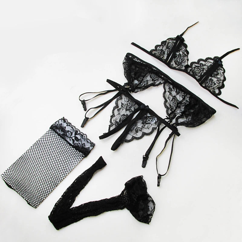 Lace Women Lingerie Set 4 Pcs Sling Open Bra Garter Panties ATHLEXES