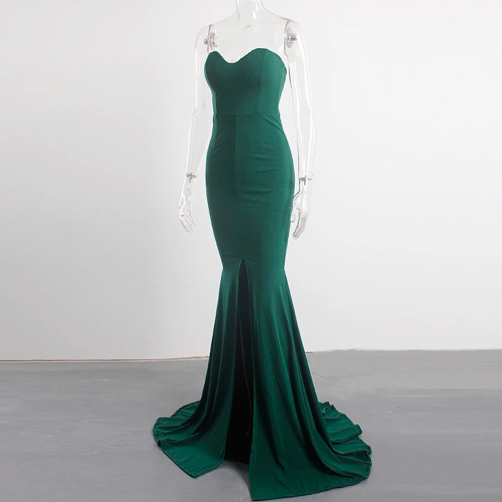 Elegant Strapless Black Maxi Dress with Front Slit ATHLEXES