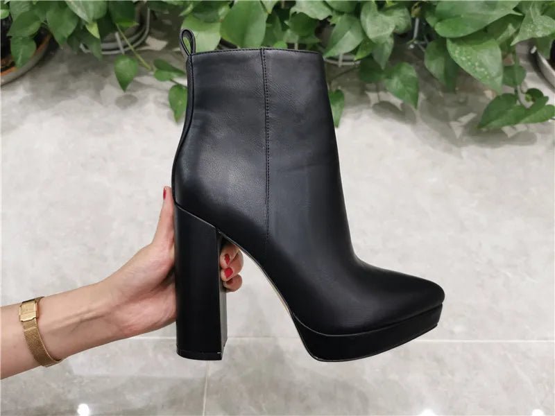 Onlymaker Women Ankle Boots Pointed Toe Black Matte Flock 12CM Chunky Heel Platform Booties Party Shoes Large Size Short Boots ATHLEXES