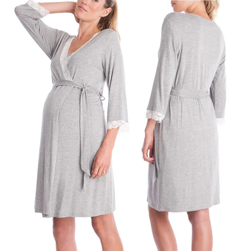 LuxeMaternity Lace Nightgown with Adjustable Belt ATHLEXES